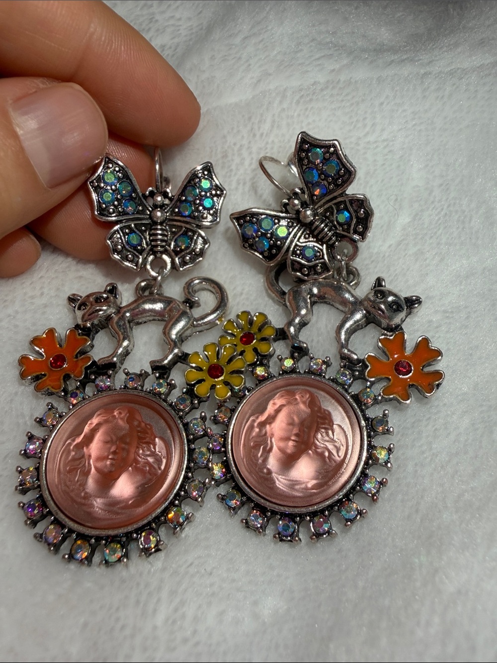 Silver-Tone Cat & Cameo Drop Earrings with Blue Butterfly Accents - Picture 5 of 5